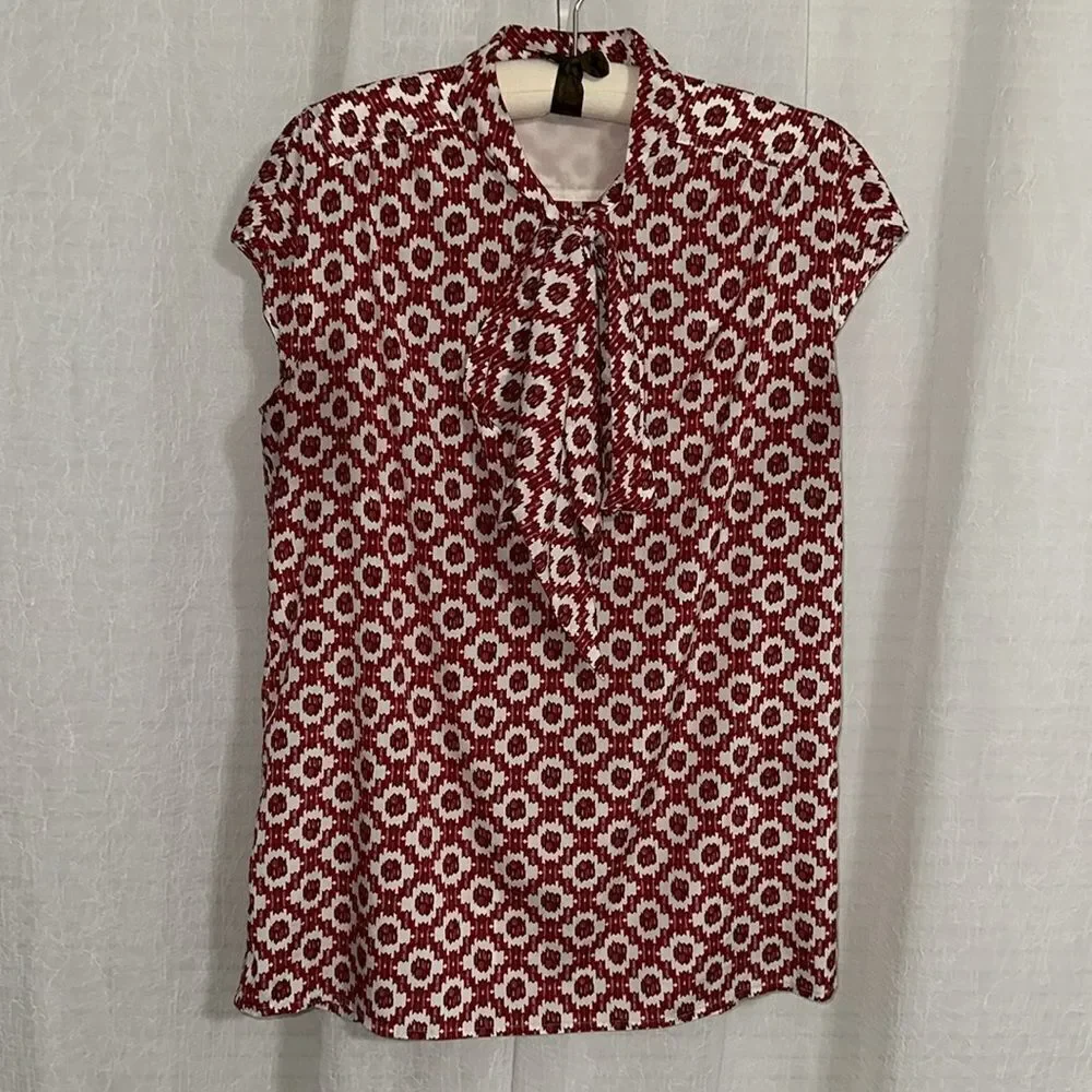 Tory Burch 10 Red White Pattern Cap Sleeve Neck Tie Silk Blouse